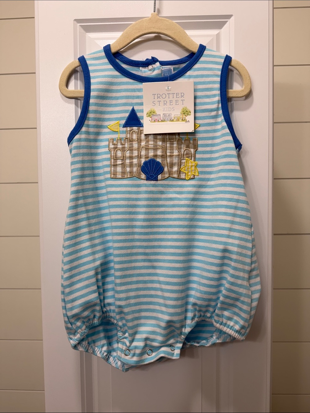 Trotter Street Kids Blue Striped Sandcastle Baby Romper